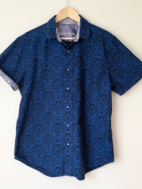 Robert Graham Damask Floral Blue Short-Sleeve Button-Up Shirt Large